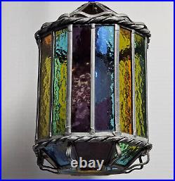 Vintage 1960 Denmark Arts and Crafts Hanging Stained Glass Lamp Light Pendant