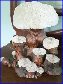 Vintage 1960s SEA ART Mushroom Lamp Cypress Knee Wood Genuine Coral Mid Century