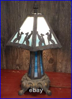 Vintage 1972 Art Deco Blue Leaded Slag Glass Table Lamp FF & FF Industries
