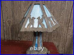 Vintage 1972 Art Deco Blue Leaded Slag Glass Table Lamp FF & FF Industries