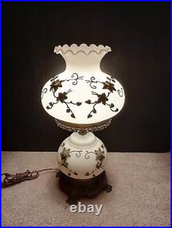 Vintage 20'' GWTW Table Parlor Hurricane Lamp Milk Glass Brass Floral 3 Way MCM
