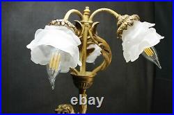 Vintage ART NOUVEAU Spelter Three Arm Cherub LAMP with Satin Petal Shades