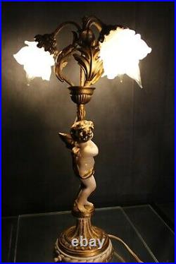 Vintage ART NOUVEAU Spelter Three Arm Cherub LAMP with Satin Petal Shades