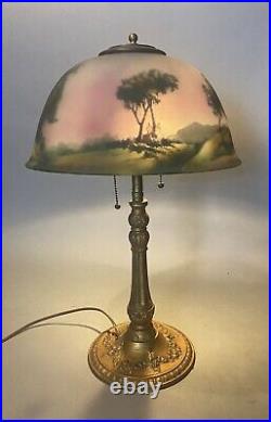 Vintage Antique Reverse Painted Scenic Landscape Art Glass Table Lamp