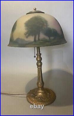 Vintage Antique Reverse Painted Scenic Landscape Art Glass Table Lamp
