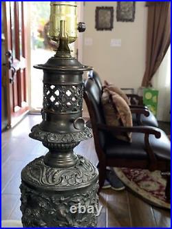 Vintage/ Antique Solid Bronze Heavy Table Lamp Engraved Large Works Great Piece