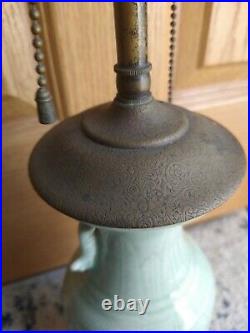 Vintage Arrow Celedon Brass Patina Table Desk Lamp 2 Sockets 21 6 6