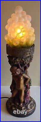 Vintage Art Deco 17.5 Chalkware Cherub Angel Lamp Grape Cluster Glass Shade