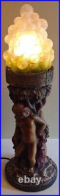 Vintage Art Deco 17.5 Chalkware Cherub Angel Lamp Grape Cluster Glass Shade