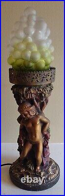 Vintage Art Deco 17.5 Chalkware Cherub Angel Lamp Grape Cluster Glass Shade