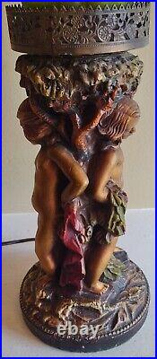 Vintage Art Deco 17.5 Chalkware Cherub Angel Lamp Grape Cluster Glass Shade