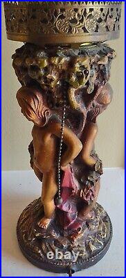 Vintage Art Deco 17.5 Chalkware Cherub Angel Lamp Grape Cluster Glass Shade