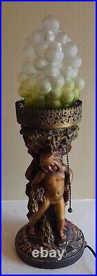 Vintage Art Deco 17.5 Chalkware Cherub Angel Lamp Grape Cluster Glass Shade