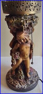 Vintage Art Deco 17.5 Chalkware Cherub Angel Lamp Grape Cluster Glass Shade