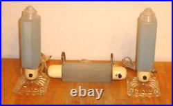 Vintage Art Deco 3 pc. Blue Bullet Torpedo Skyscraper Table & Headboard Lamp Set