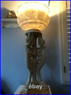 Vintage Art Deco Alabaster Carved 3 Greeks Sphinx Figures Table Lamp 29