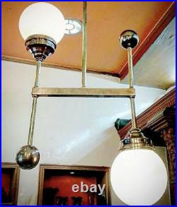 Vintage Art Deco Bauhaus Fixture Ceiling Brass Hanging Light Milk Glass Shade
