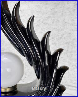 Vintage Art Deco Black Porcelain Sculpted Cascading Wing Table Lamp