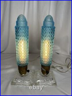 Vintage Art Deco Blue Glass Bullet Torpedo Skyscraper Boudoir Lamp Pair Set Read