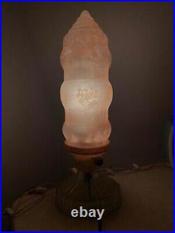 Vintage Art Deco Boudoir Lamp, Pink Sky Scraper Style Frosted Glass Lamp