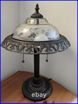 Vintage Art Deco Brass Lamp with Frosted Floral Dome Shape Top