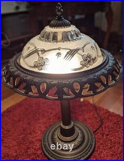 Vintage Art Deco Brass Lamp with Frosted Floral Dome Shape Top