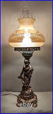 Vintage Art Deco Bronze Neo Classical Cherub Hurricane Lamp 27 Tall