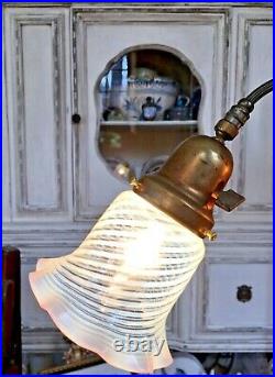 Vintage Art Deco Dual Gooseneck Bronze Lamp with Opalescent Swirl Art Glass Shades
