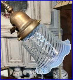 Vintage Art Deco Dual Gooseneck Bronze Lamp with Opalescent Swirl Art Glass Shades