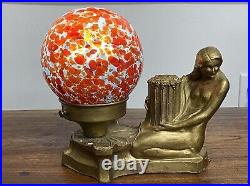 Vintage Art Deco Figural Nude Lady Lamp Red & Blue Moon Globe All Original