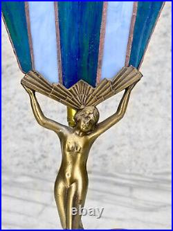 Vintage Art Deco Figural Nude Women Slag Glass Table Lamp