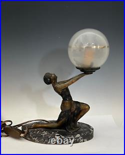 Vintage Art Deco Figural Spelter Flapper Woman Holding Globe Lamp Marble Base