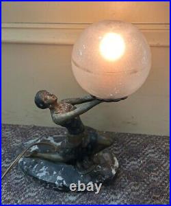 Vintage Art Deco Figural Spelter Flapper Woman Holding Globe Lamp Marble Base