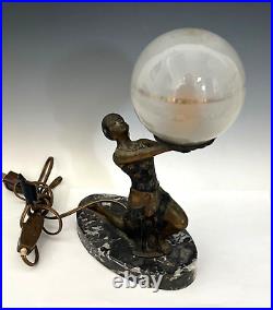 Vintage Art Deco Figural Spelter Flapper Woman Holding Globe Lamp Marble Base