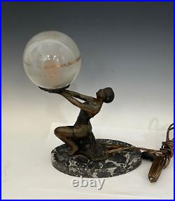 Vintage Art Deco Figural Spelter Flapper Woman Holding Globe Lamp Marble Base