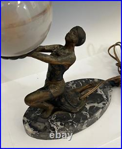 Vintage Art Deco Figural Spelter Flapper Woman Holding Globe Lamp Marble Base