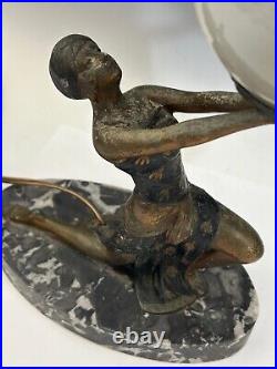 Vintage Art Deco Figural Spelter Flapper Woman Holding Globe Lamp Marble Base