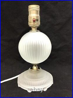 Vintage Art Deco Lamp Frosted Ribbed Glass Orb Ball Sphere Footed Base Planet