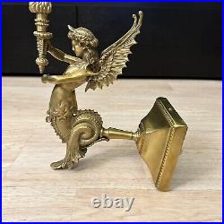 Vintage Art Deco Nouvea Brass Winged Mermaid Torch Wall Scone Fixture Lamp