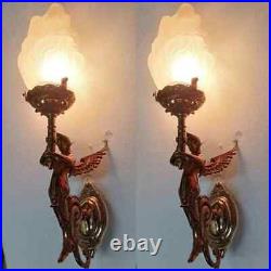 Vintage Art Deco Nouveau Brass Mermaid Wall Sconce Light Fixture Lamp Set Of 2