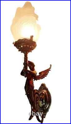 Vintage Art Deco Nouveau Brass Mermaid Wall Sconce Light Fixture Lamp Set Of 2