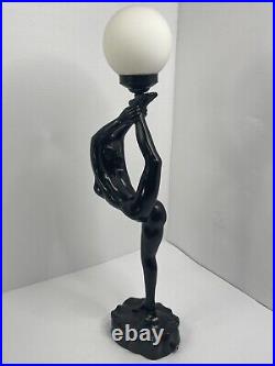 Vintage Art Deco Nouveau Nude Lady Ceramic Black Holding Globe Table Lamp READ