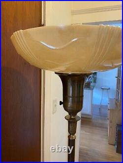 Vintage Art Deco Nu Gold Shade Torchiere Floor Lamp Acanthus Star Burst Base