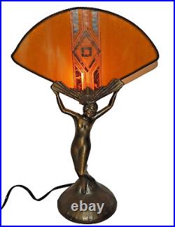 Vintage Art Deco Nude Lady Winged Victory Fan Table Lamp with Stained Glass Shade
