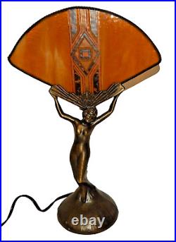 Vintage Art Deco Nude Lady Winged Victory Fan Table Lamp with Stained Glass Shade