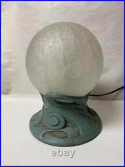 Vintage Art Deco Painted Spelter Lamp Crackle Glass Globe Shade Geometric Design