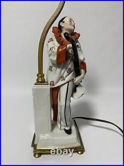 Vintage Art Deco Porcelain Table Lamp Figural Pierrot with Guitar Bouquet Gold
