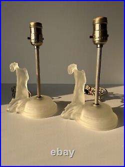 Vintage Art Deco Reclining Nude Female Satin Frosted Glass Boudoir Lamps Pair