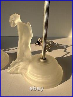 Vintage Art Deco Reclining Nude Female Satin Frosted Glass Boudoir Lamps Pair