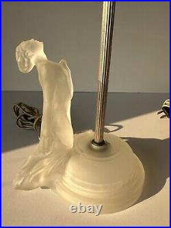 Vintage Art Deco Reclining Nude Female Satin Frosted Glass Boudoir Lamps Pair